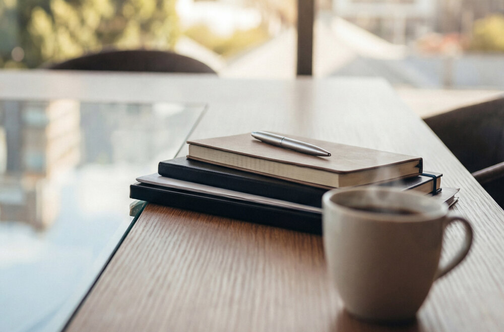 Notebooks and a coffee cup on a desk